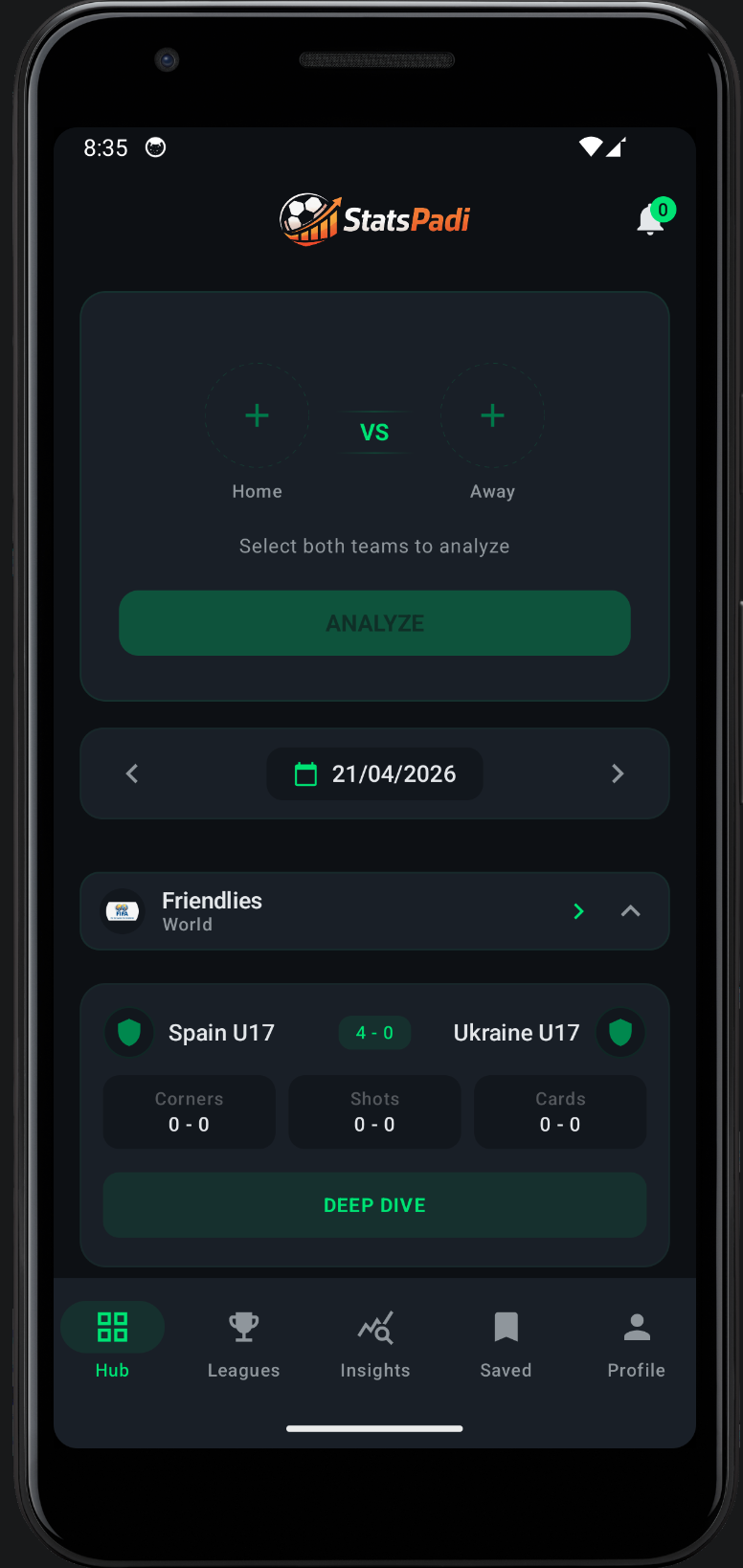 StatsPadi app screenshot showing matchup analysis and league insights